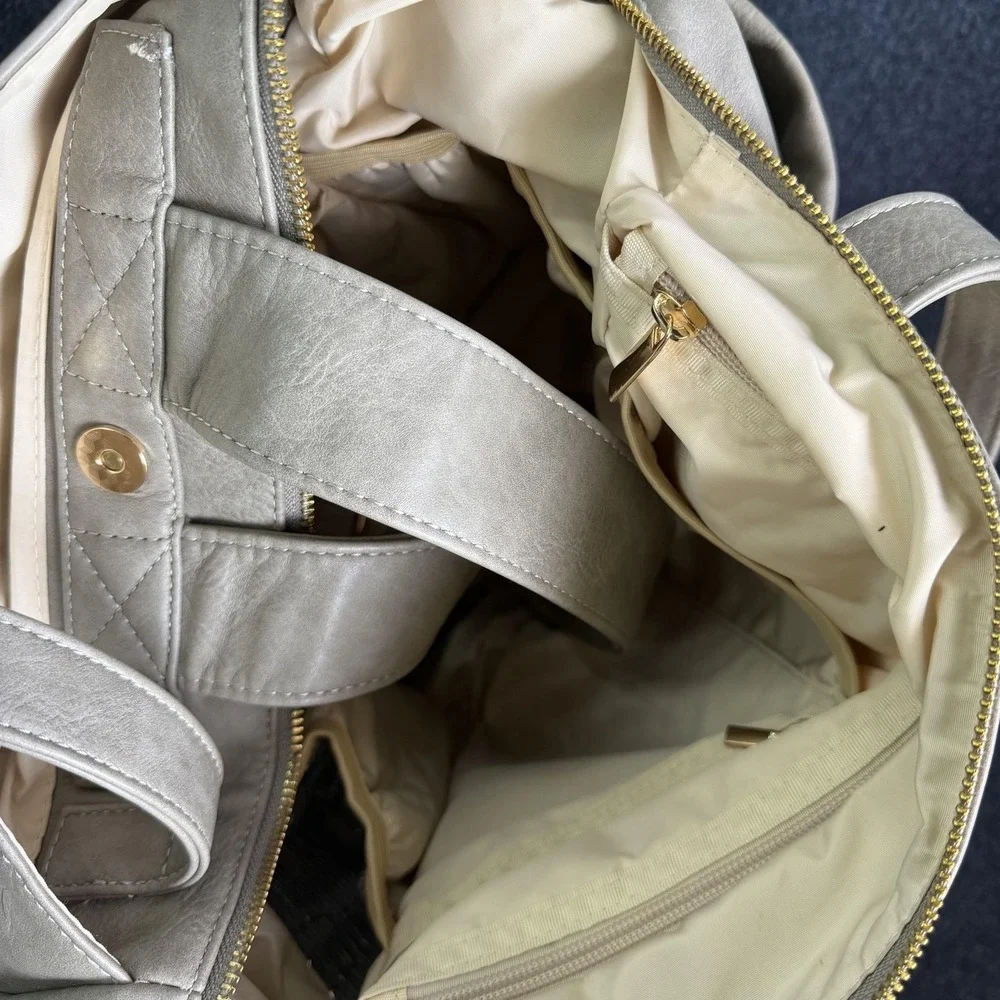 Miss Fong Gray Faux Leather Diaper Bag Tote Insulated Bottle Organizer